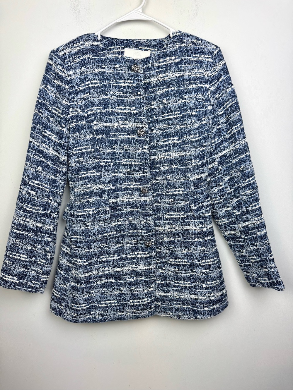 NEW ZARA Blue and White Structured Tweed Blazer Size Small